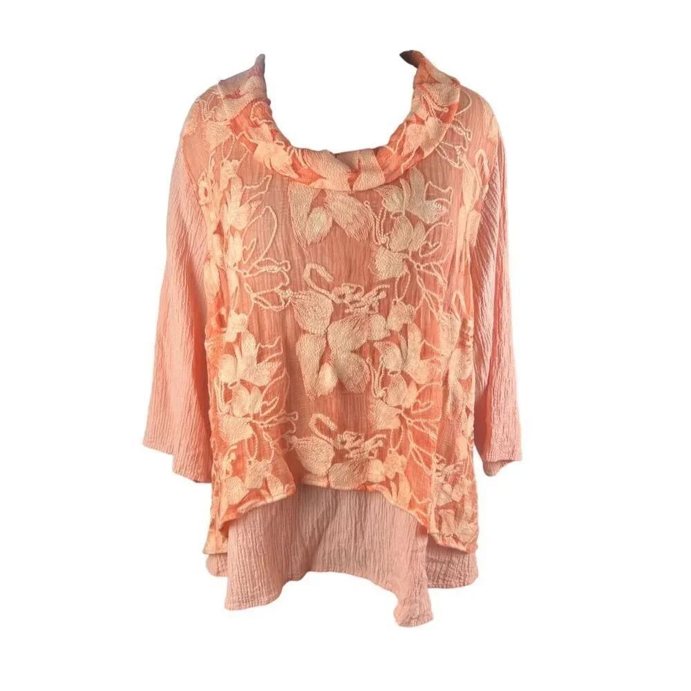 Soft surroundings 3xl layered peach orange embroidered overlay Lagenlook top
